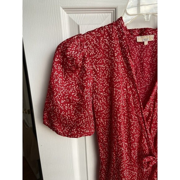 byTiMo Wrap Dress Womens Large Red White Tie Waist Short Sleeve Viscose Print - Picture 8 of 12